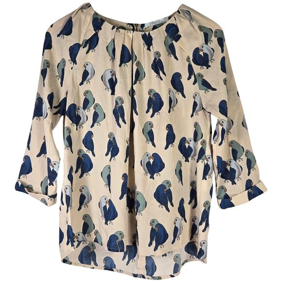 Frnch Love Bird Pattern Tan & Blue 3/4 Sleeve Blouse S/M - Picture 1 of 7